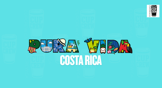 The image is a colorful and creative representation of the word "Pura Vida" in the style of a typographic design, with various objects and symbols that are associated with Costa Rica.