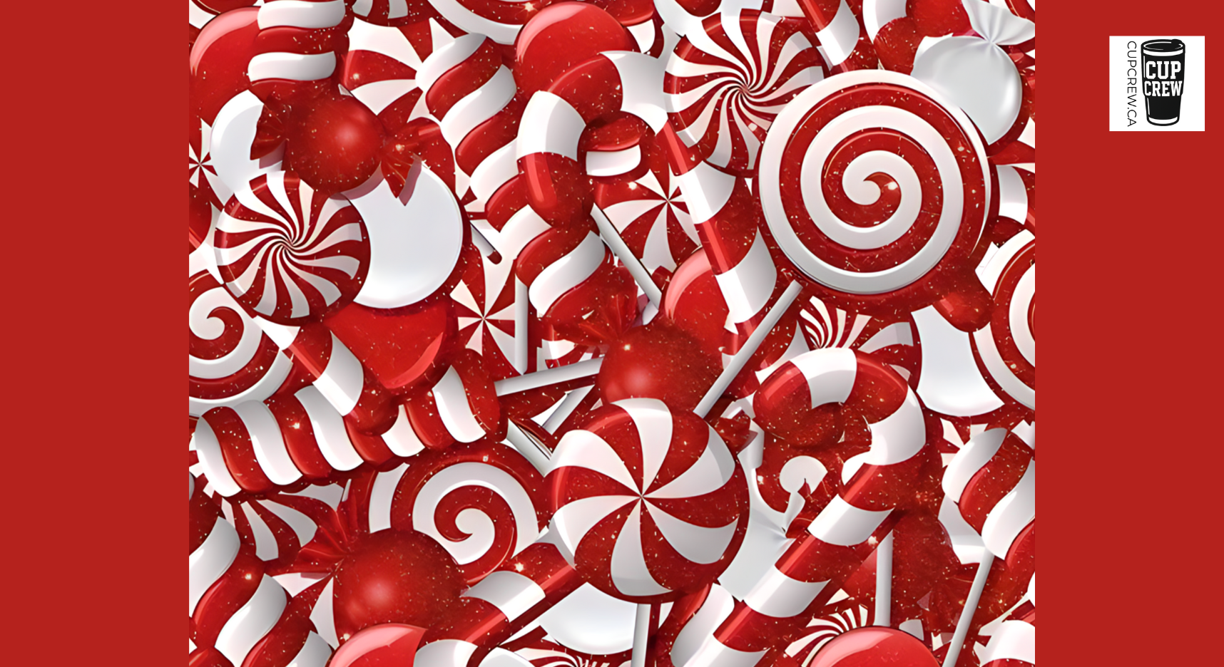 The image is a collage of various candy designs, including lollipops, candy canes, and other sweets, all in a vibrant red and white color scheme.