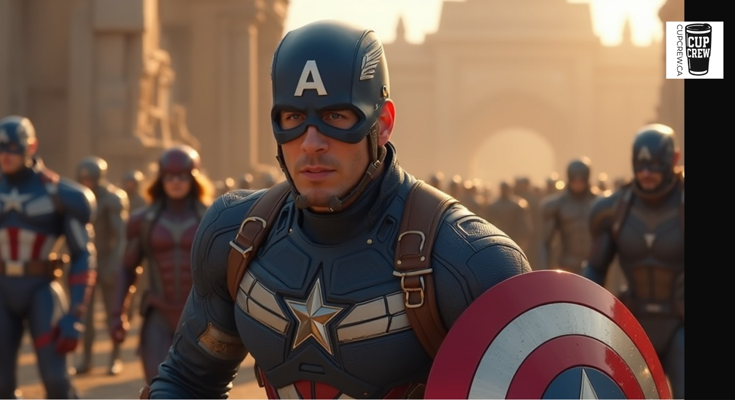 A close-up of a person wearing a superhero costume with a shield, standing in front of a group of other superheroes.