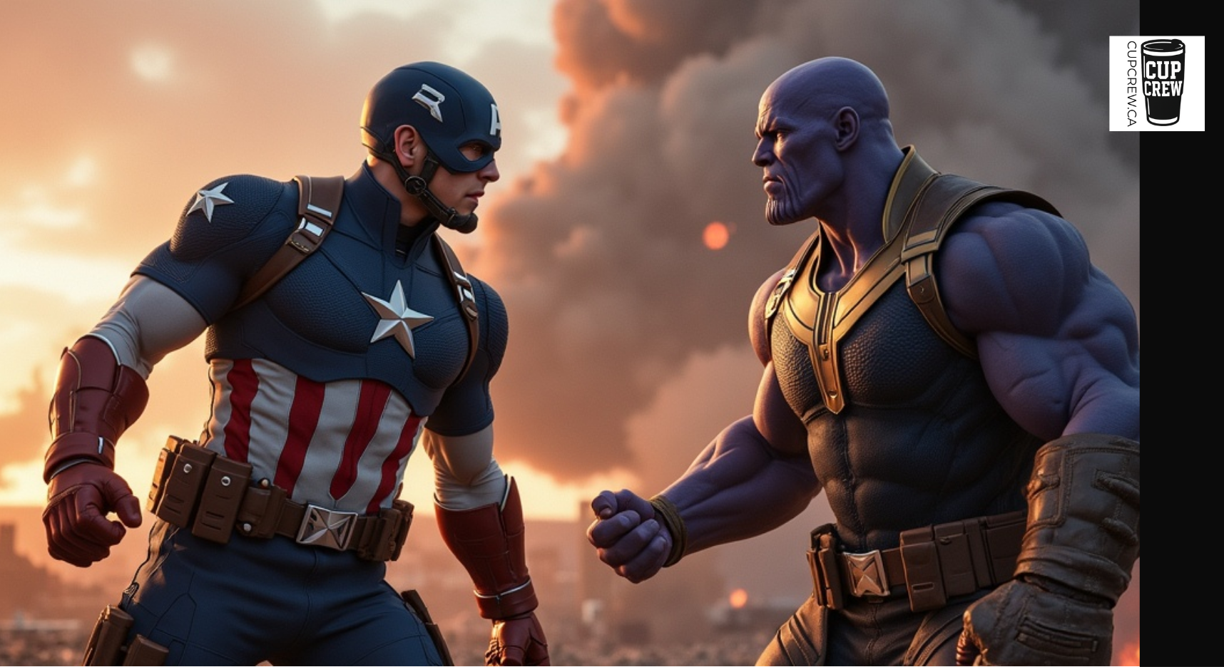two superheroes, Captain America and Thanos, engaged in a confrontation.