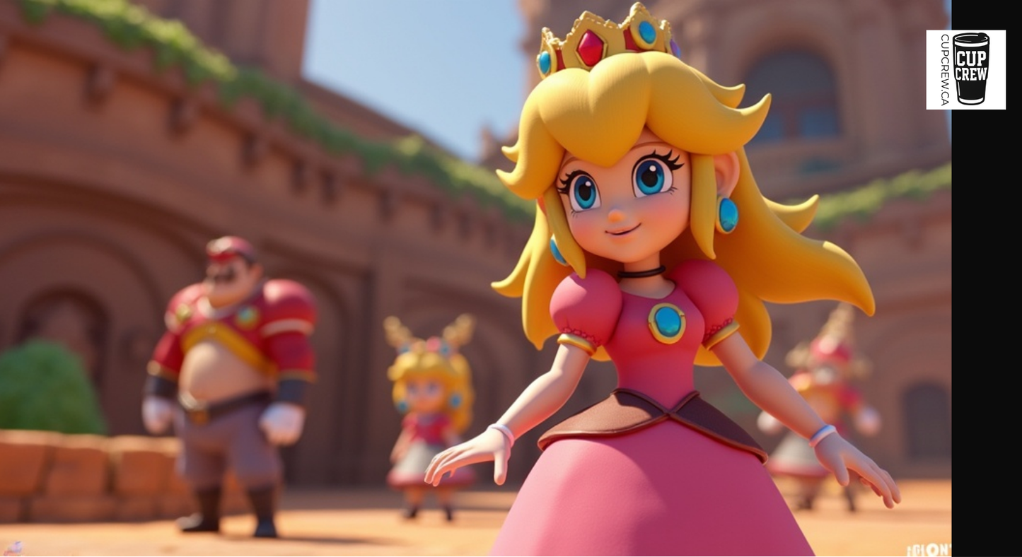 A 3D rendering of a female character in a pink dress with a crown, standing in a castle-like setting with other characters in the background.