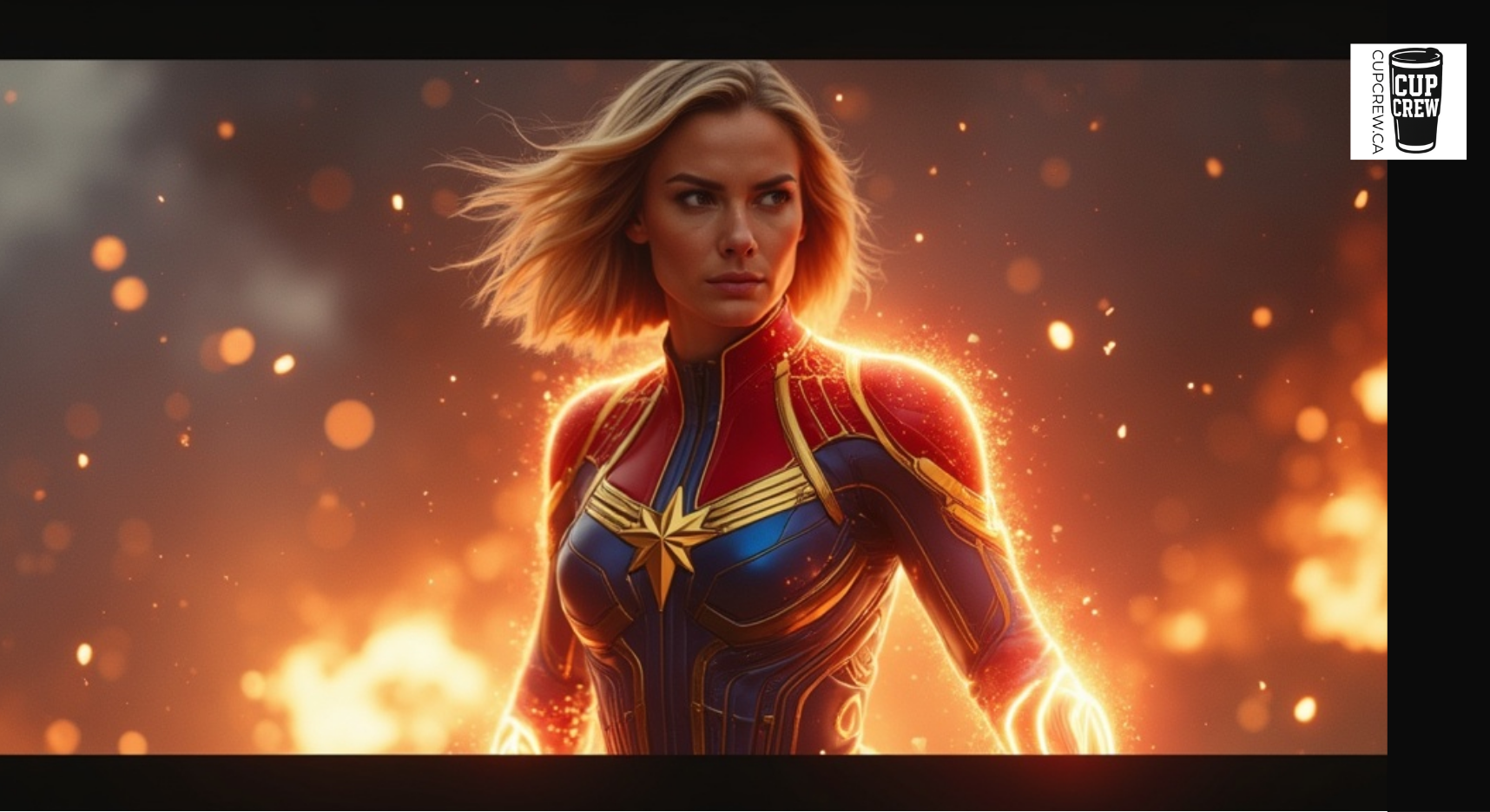 A female superhero character in a red and blue costume with a gold emblem, standing in front of a fiery background.