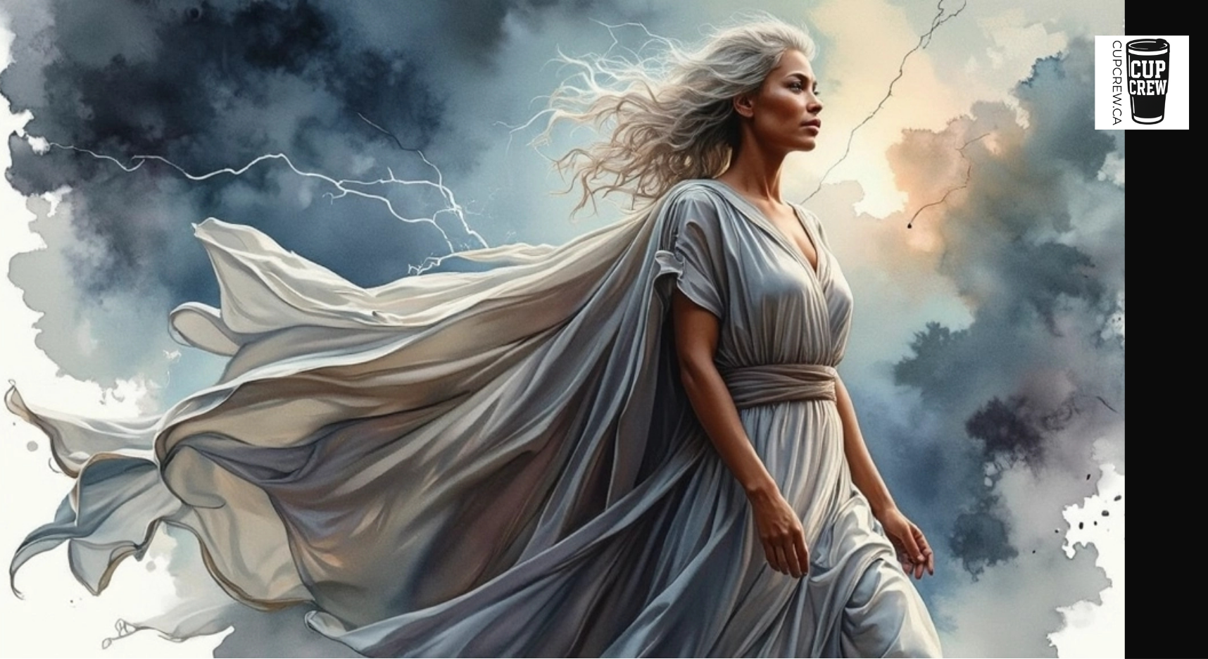 A woman in a flowing white dress stands against a dramatic cloudy sky, her hair blowing in the wind.