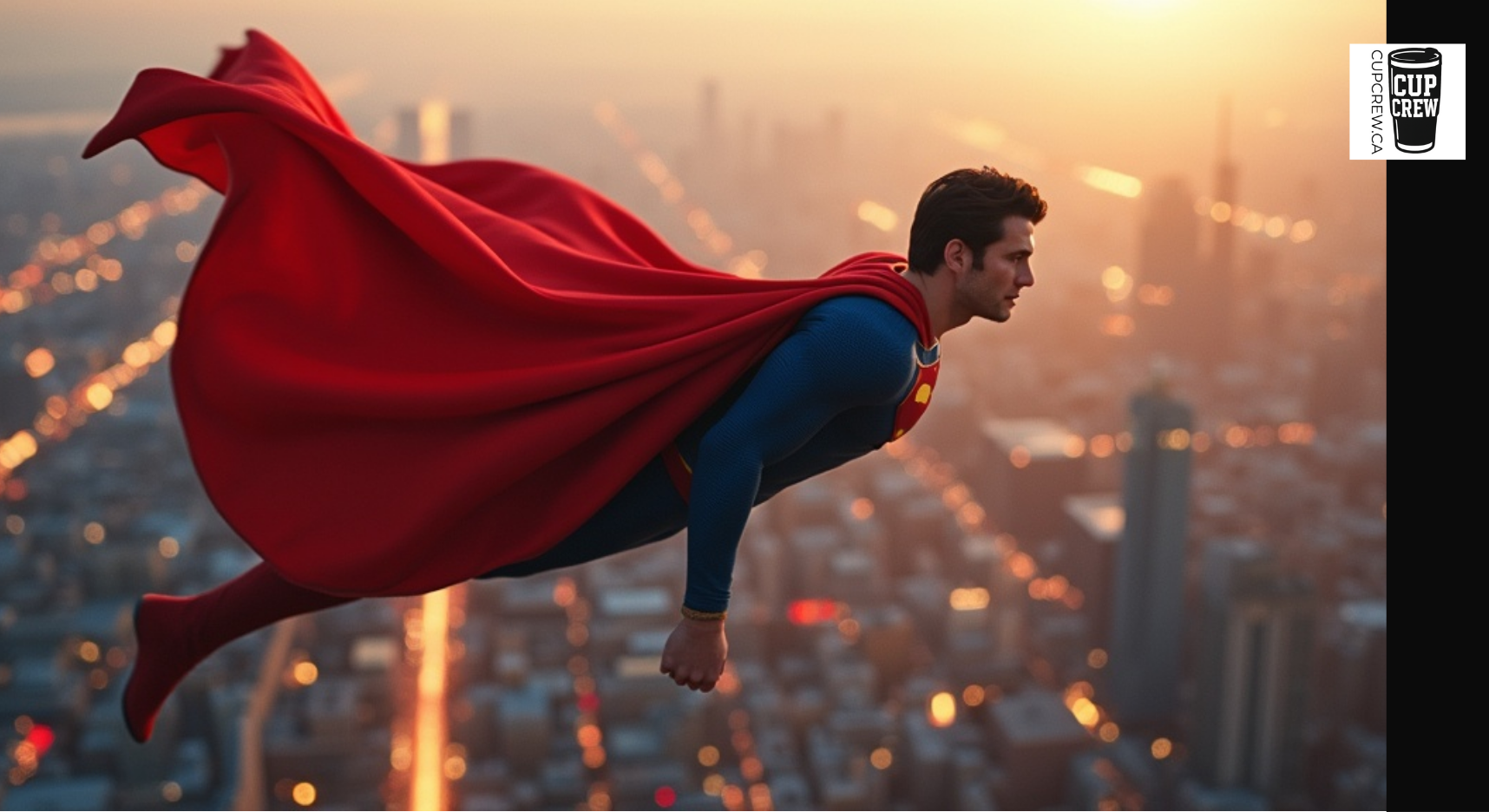 A man in a blue and red superhero costume flying through the air with a red cape, against the backdrop of a city skyline at sunset.