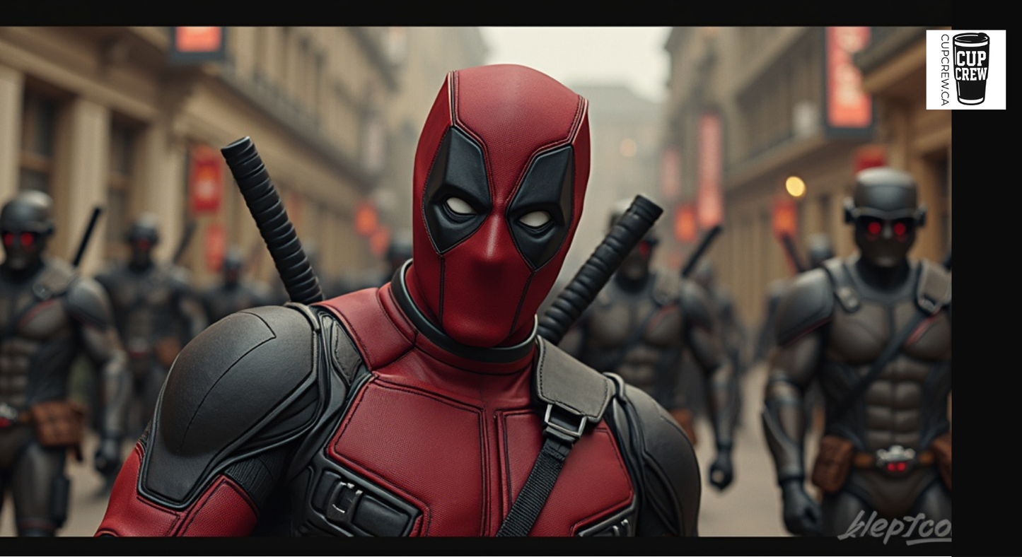 A close-up of a character in a red and black costume, likely from the Marvel Cinematic Universe, with a serious expression on their face.