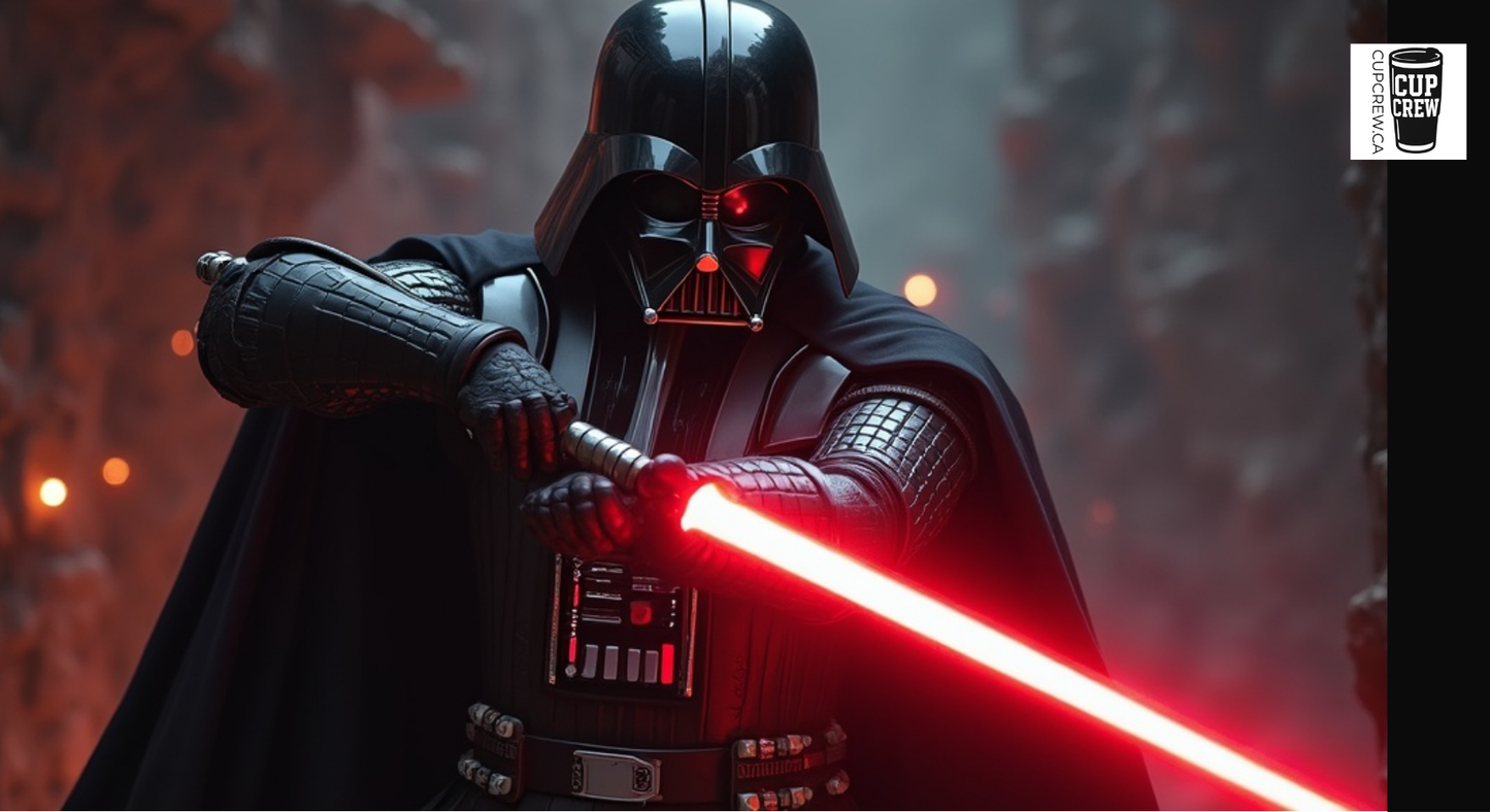 A close-up of a character in a Darth Vader costume, holding a glowing red lightsaber and appearing to be in a dramatic pose.