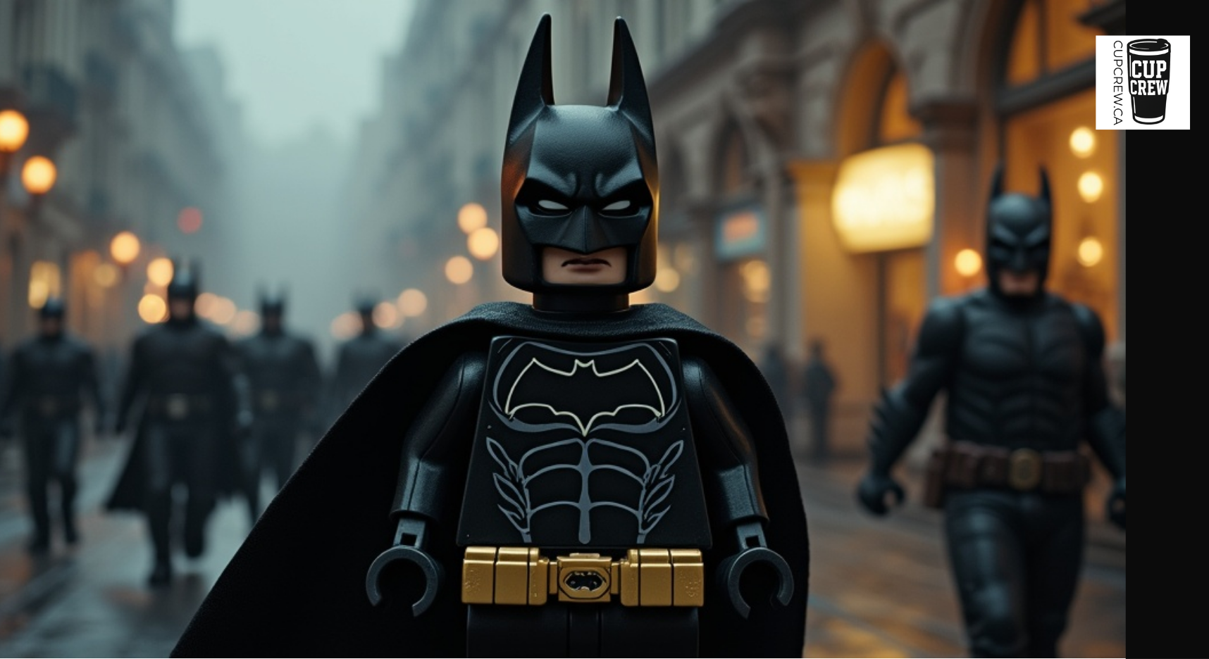 A close-up of a Lego Batman figure in a city street, with other Lego figures visible in the background.