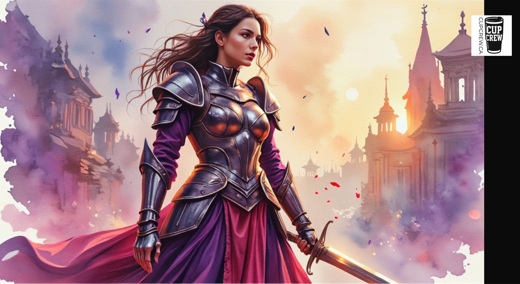 A woman in a purple and gold armor stands in a fantasy setting, holding a sword and surrounded by a castle-like structure and a sunset-lit sky.