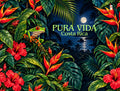 The image is a vibrant and lush tropical scene featuring a frog perched on a branch amidst a dense array of red hibiscus flowers, palm leaves, and other tropical foliage. The background depicts a serene night view of the ocean and a full moon, creating a sense of tranquility and natural beauty. The text 