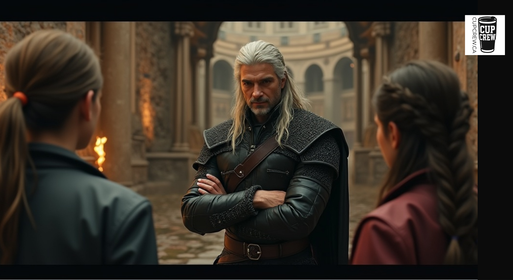 a man with long hair and a serious expression standing in a courtyard, with two women in the foreground.