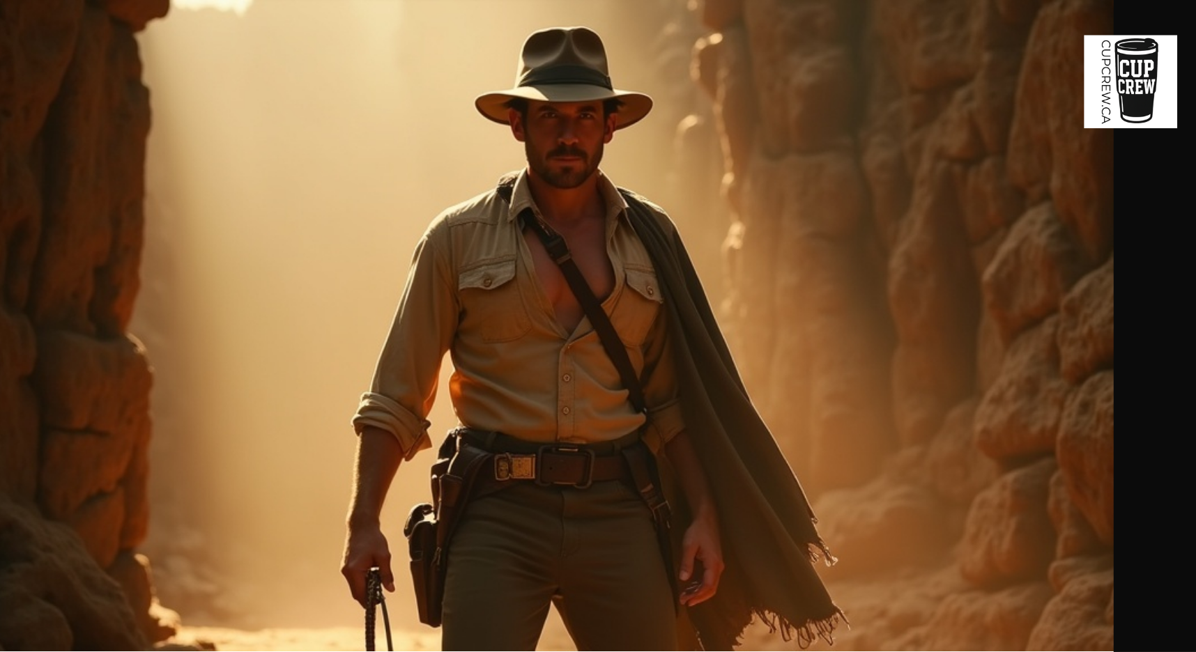 A man in a cowboy hat and leather outfit stands in a desert-like setting, holding a gun and wearing a scarf.