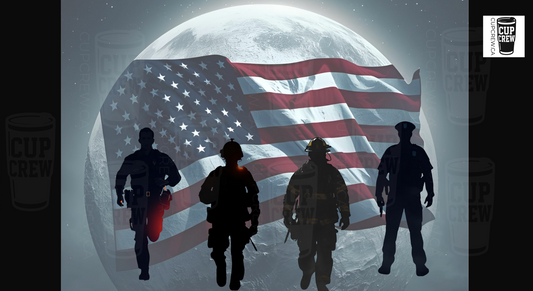 four silhouetted figures standing in front of a large American flag, with a full moon in the background.