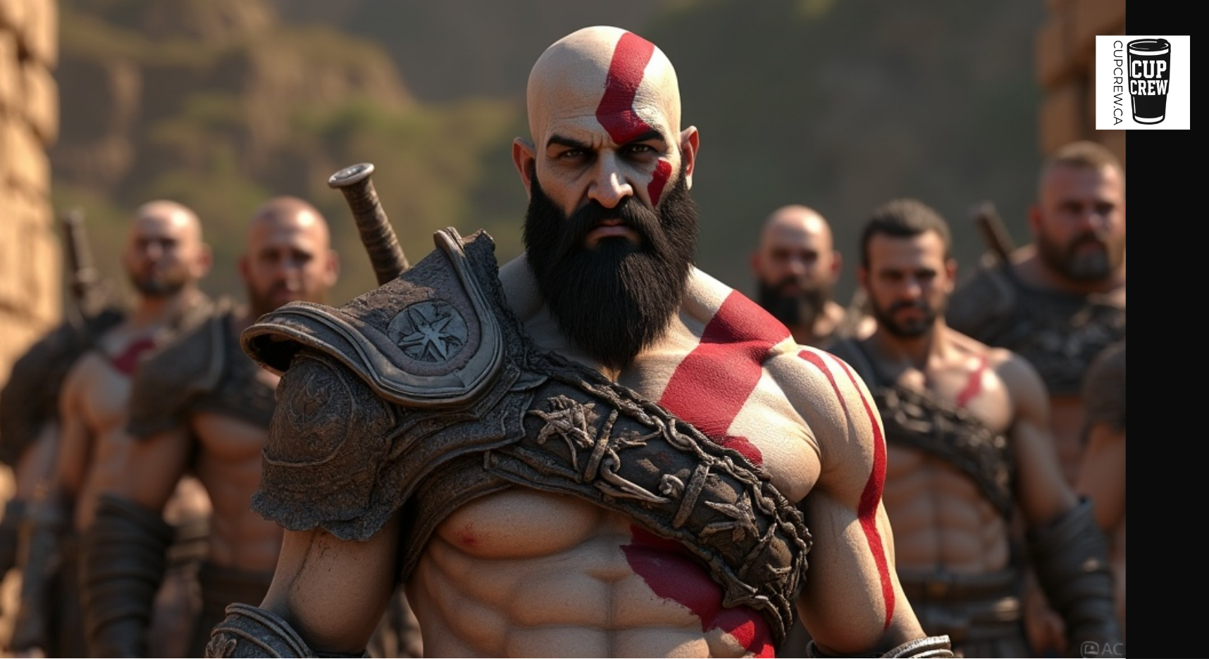 A close-up of a muscular man with a beard, wearing a heavily armored costume, standing in front of a group of other heavily armored men.