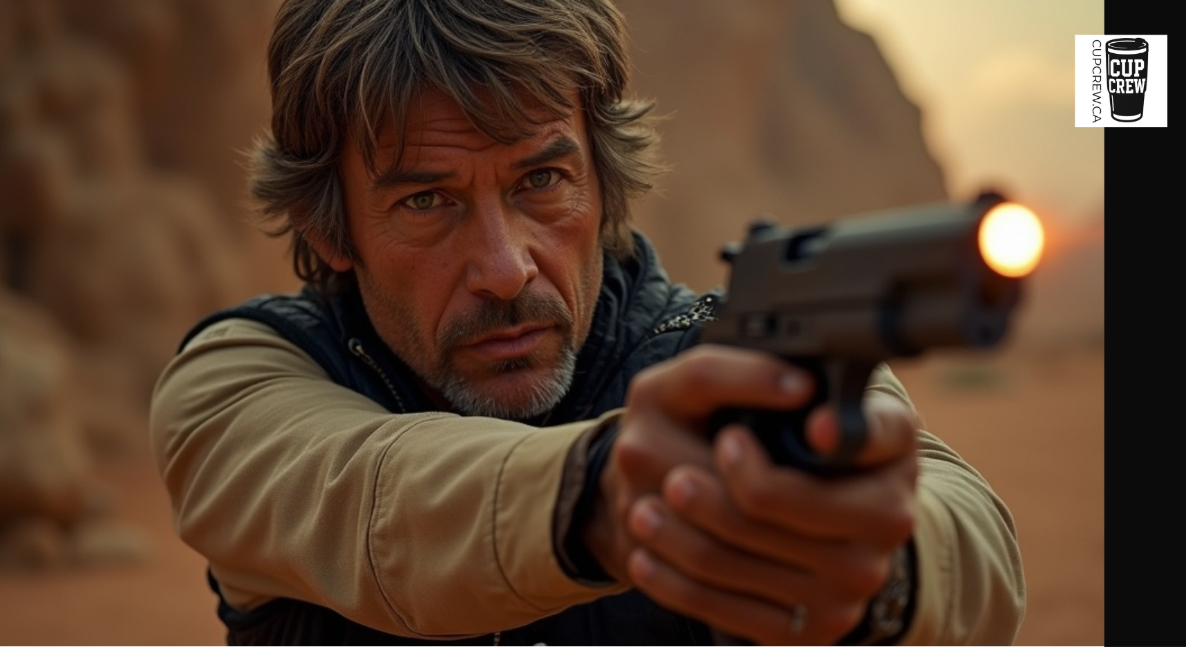 A man with a serious expression is pointing a gun at the camera, with a desert landscape in the background.