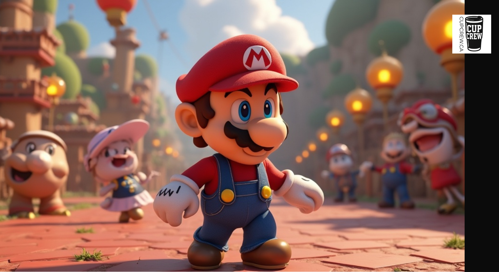 A character in a red Mario outfit is standing in a colorful, whimsical environment with other characters in the background.