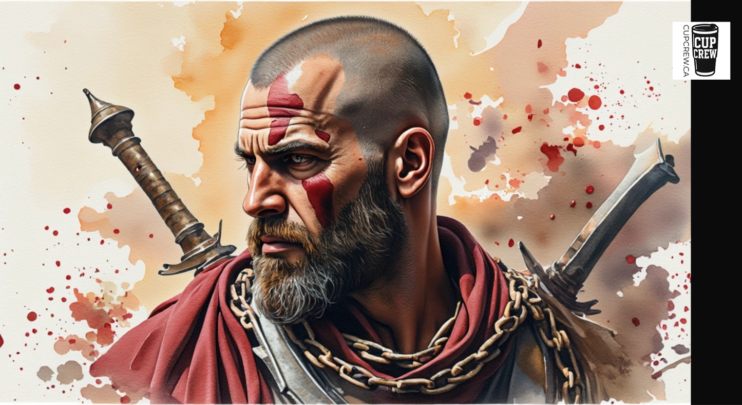 A close-up portrait of a bearded man with a serious expression, wearing a red cape and holding a sword.