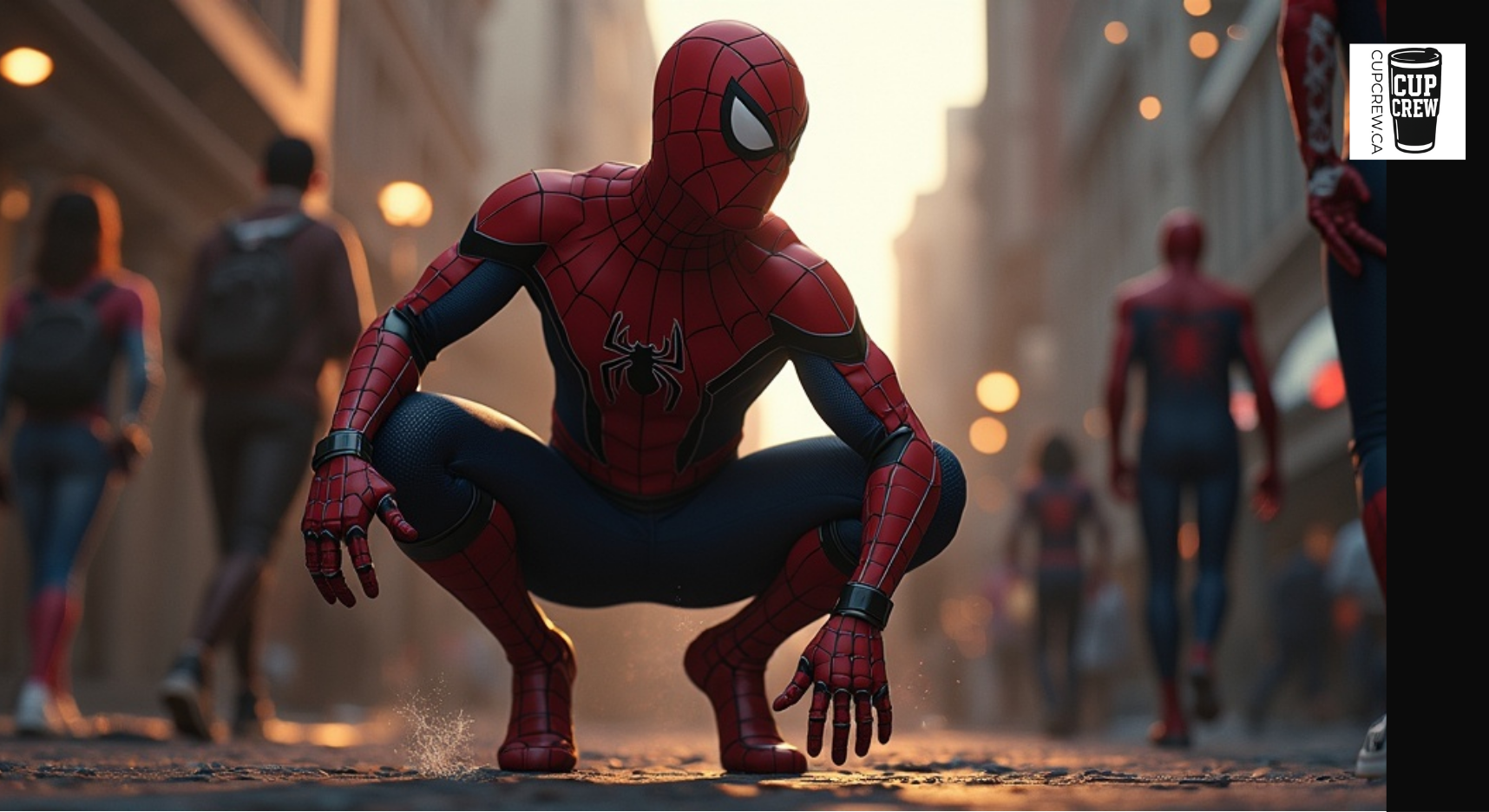 A close-up of a person dressed as Spider-Man crouching on a city street, with other people and buildings visible in the background.