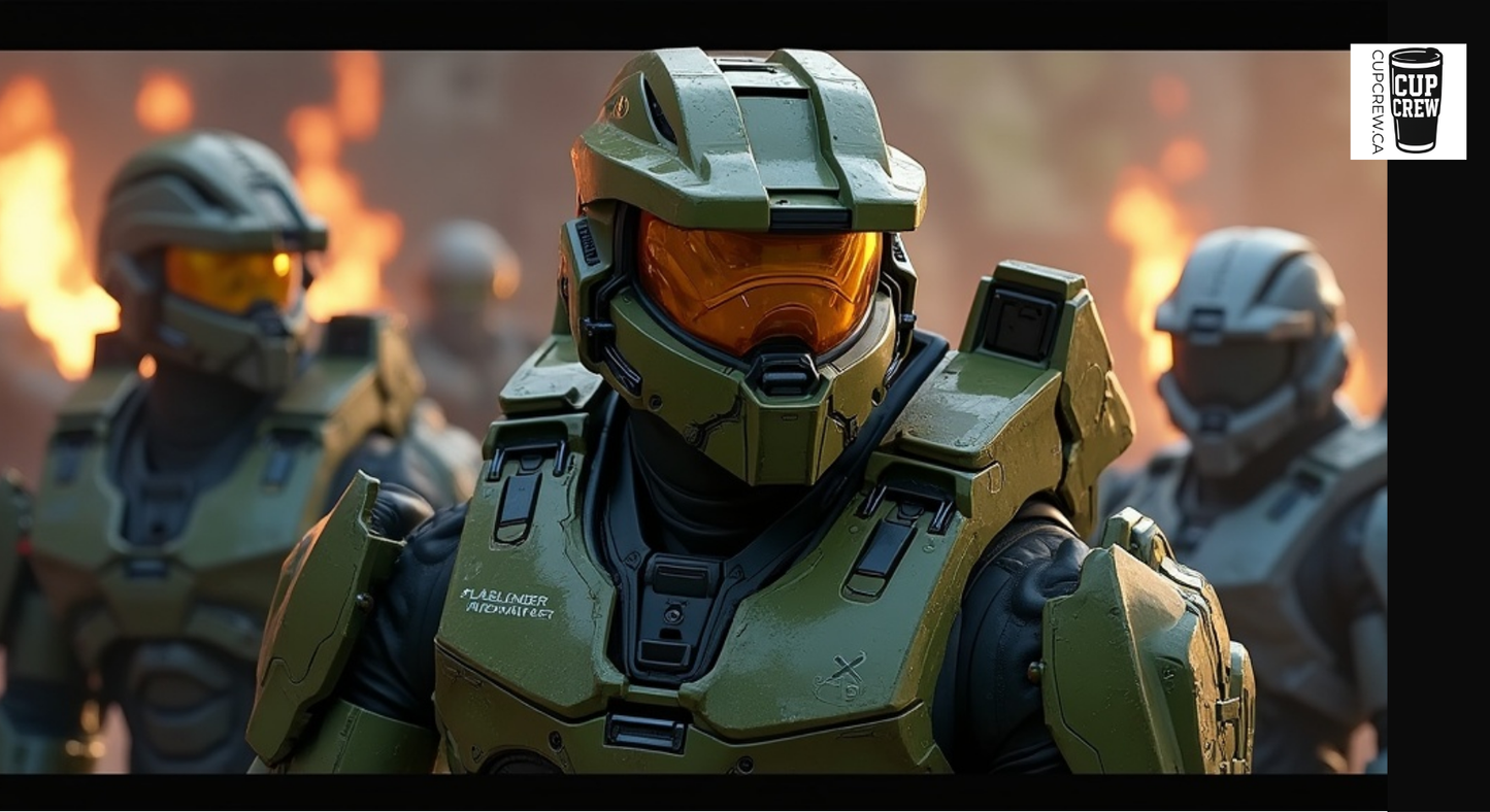 A close-up of a heavily armored and armed character in a futuristic setting, with other characters visible in the background.