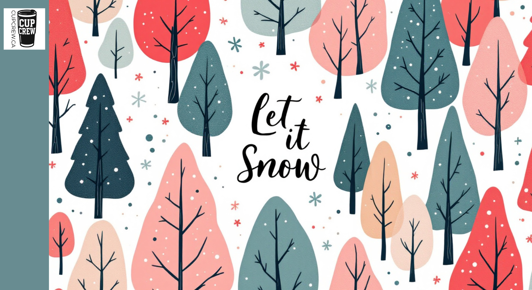 The image is a vibrant and colorful illustration featuring stylized trees and snowflakes in various shades of pink, blue, and green. The phrase "Let it Snow" is prominently displayed in the center of the image.