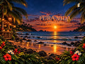 a serene tropical beach at sunset, with palm trees, a wooden hut, and a full moon reflected in the calm waters.