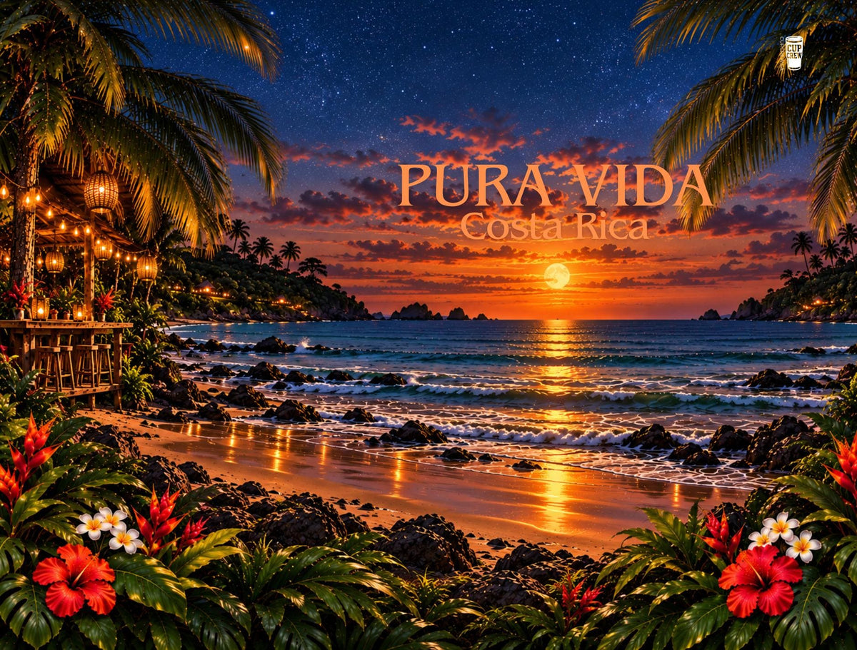 a serene tropical beach at sunset, with palm trees, a wooden hut, and a full moon reflected in the calm waters.