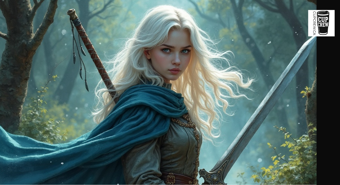A woman with long blonde hair stands in a forest, holding a sword and wearing a blue cape.