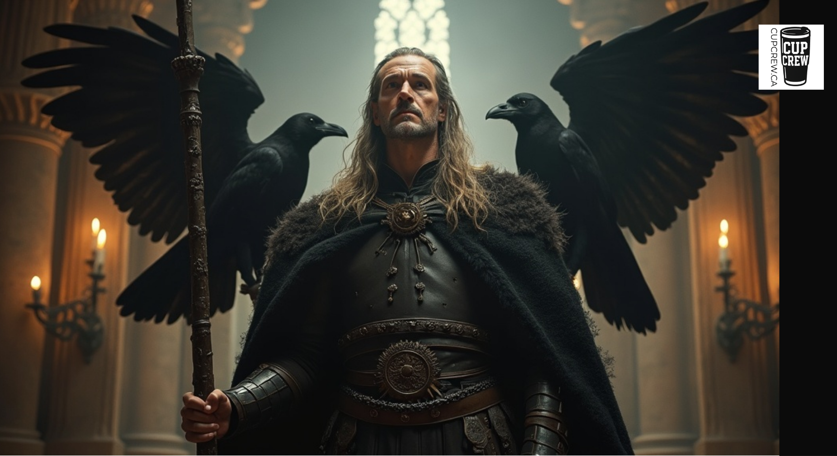 A man in a long black cape and armor stands in a dimly lit room, with two large black birds perched on his back.