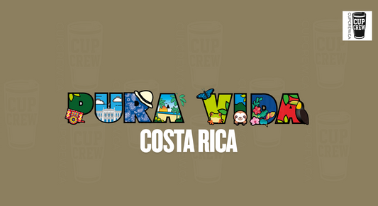The image is a collage of various colorful and creative elements that spell out the word "PURA VIDA" in a playful and artistic manner, with the word "COSTA RICA" written below it.