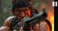 A man with a serious expression is holding a gun and pointing it at the camera, with a blurred background suggesting an outdoor setting.