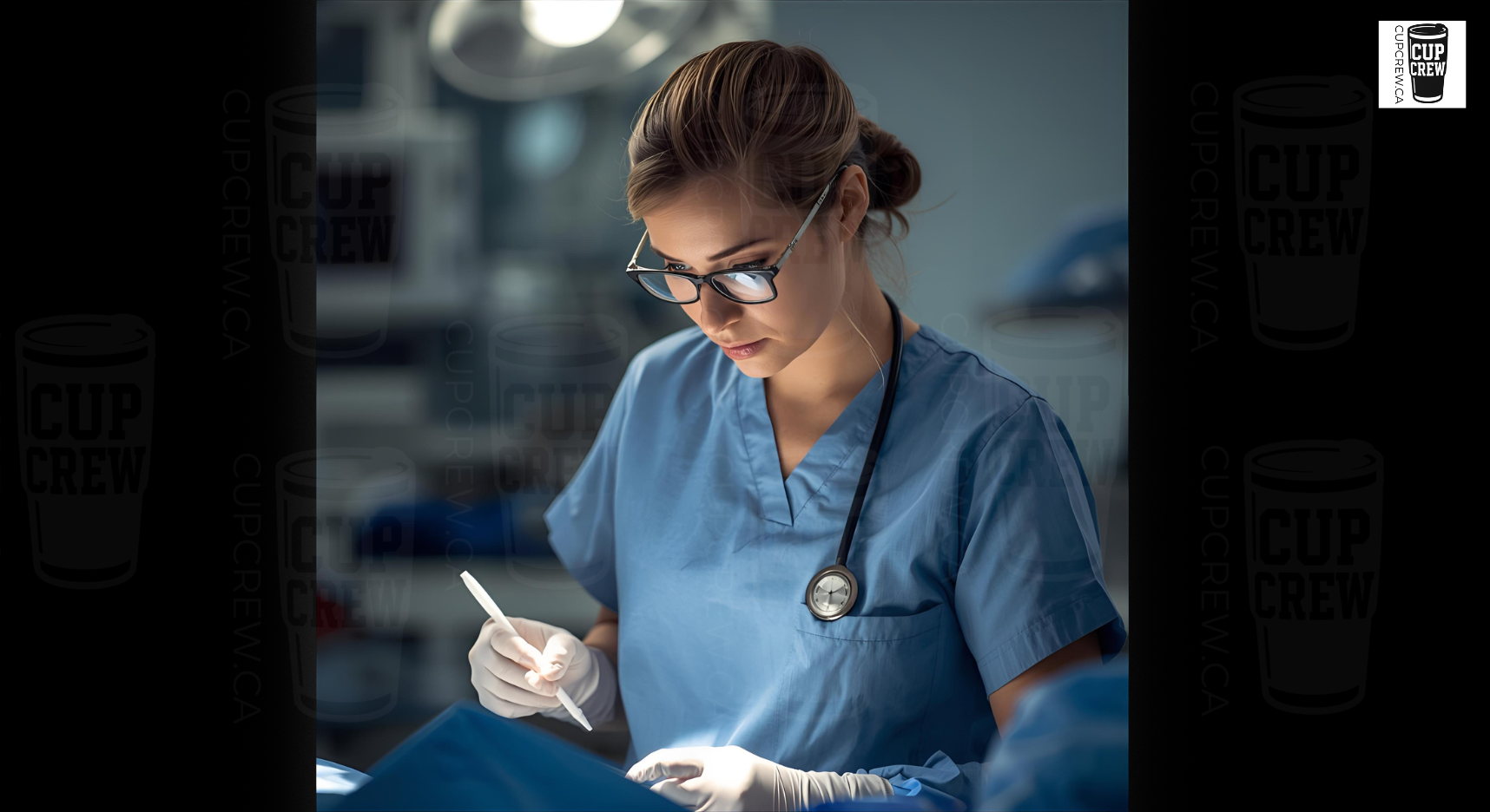 A female medical professional in scrubs and glasses is focused on writing something down, likely taking notes during a medical procedure.