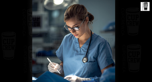 A female medical professional in scrubs and glasses is focused on writing something down, likely taking notes during a medical procedure.
