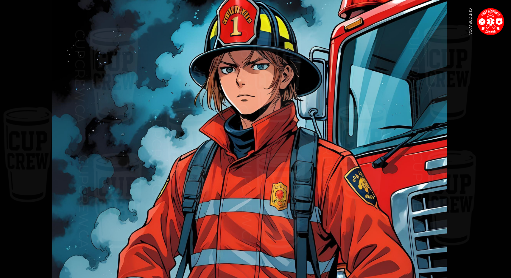 A male firefighter in a red uniform and helmet stands in front of a fire truck, with smoke in the background.