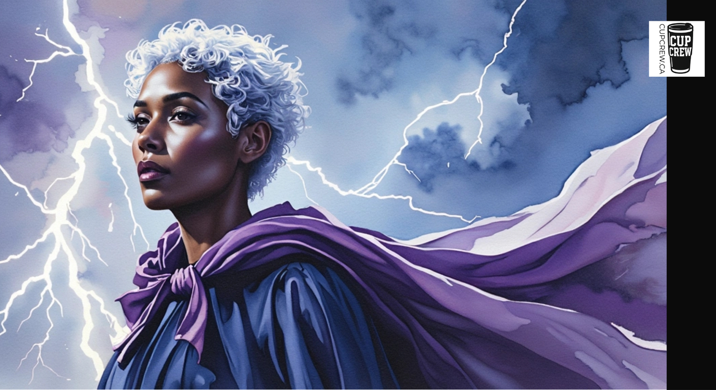 A woman with curly hair wearing a purple cape stands against a backdrop of a stormy sky with lightning bolts.