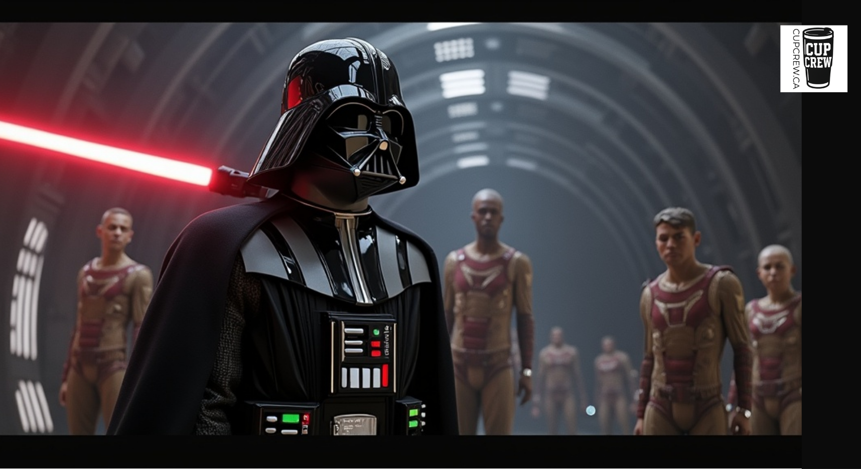 A character in a black outfit with a red stripe and a red lightsaber stands in a futuristic setting, surrounded by other characters in the background.