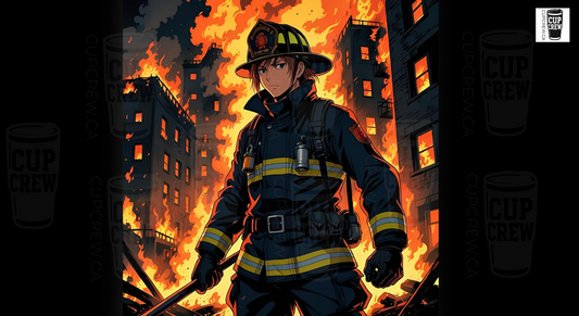 A firefighter in full gear stands in the midst of a burning cityscape, with flames and smoke filling the background.
