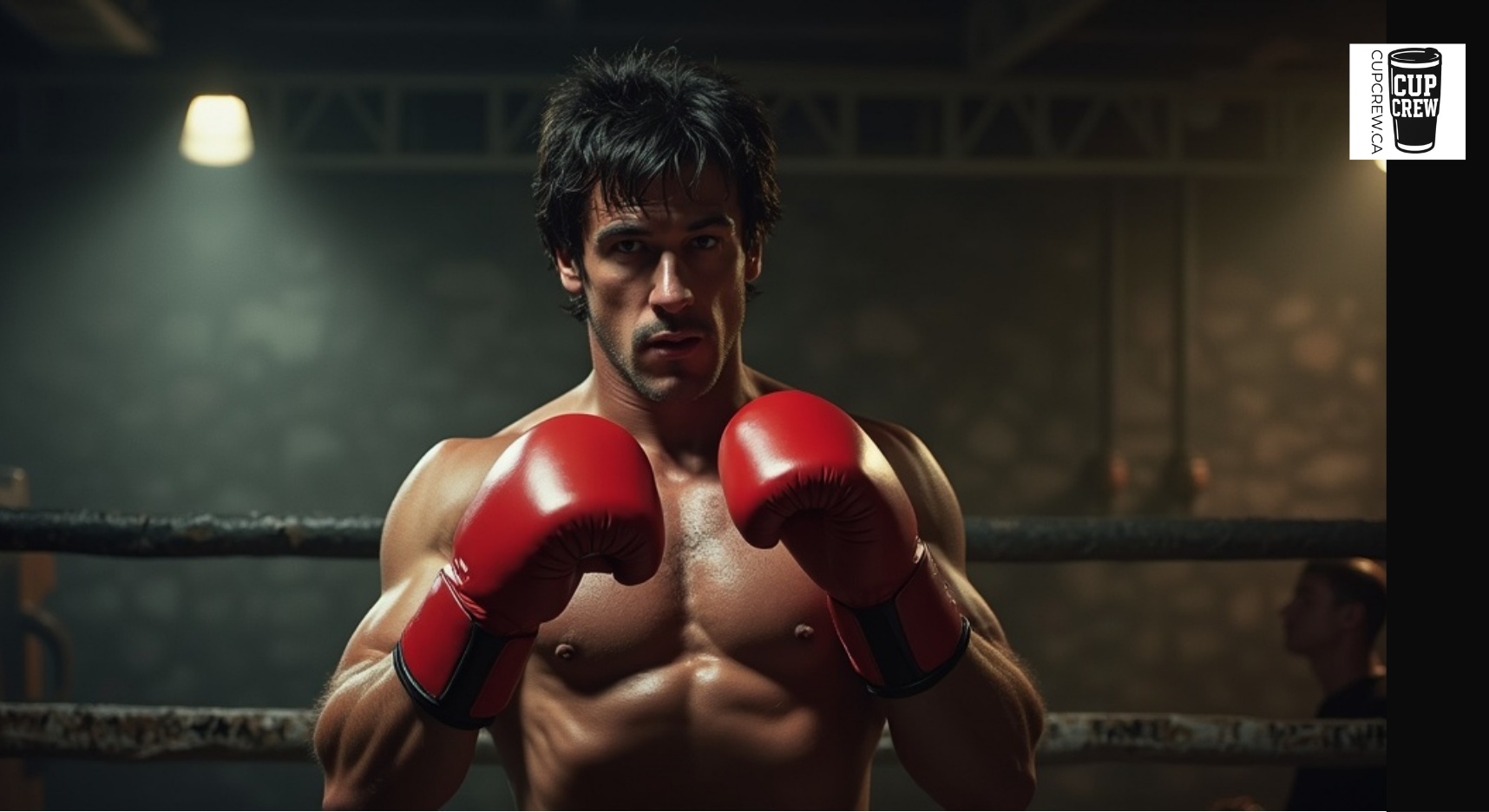 A muscular man wearing red boxing gloves stands in a boxing ring, looking determined and focused.