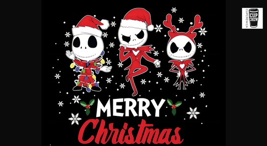 The image is a Christmas-themed graphic featuring three cartoon characters wearing Santa hats and red outfits, surrounded by snowflakes and the text "MERRY CHRISTMAS".