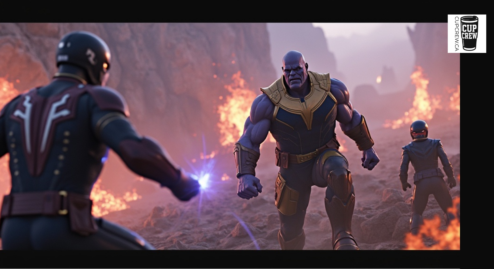 A video game scene depicting two characters, one in a blue suit and the other in a black suit, engaged in an intense battle with flames and explosions in the background.