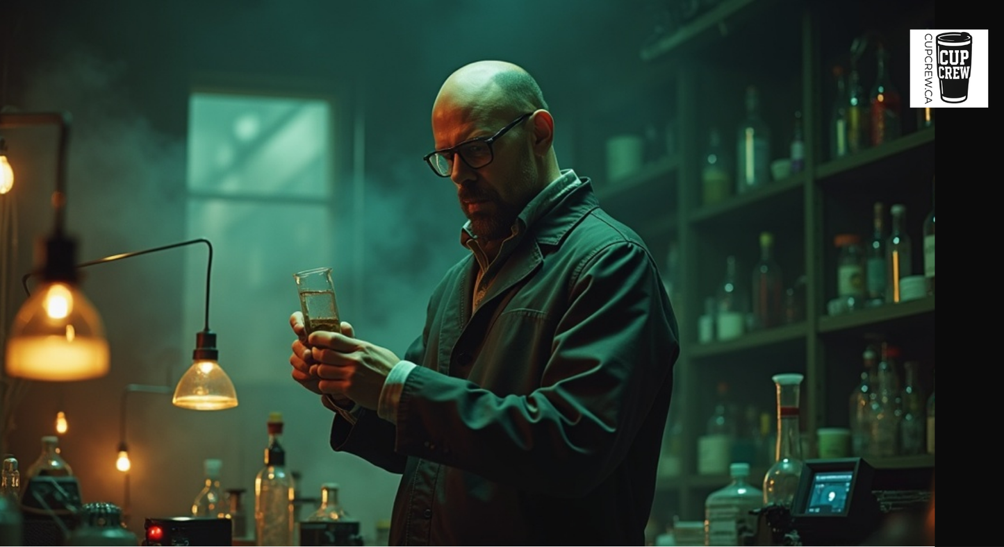 A man in a lab coat is examining a glass in a dimly lit room filled with various bottles and equipment.