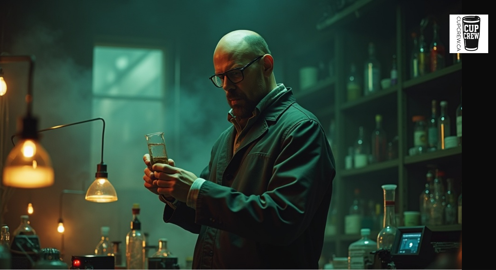A man in a lab coat is examining a glass in a dimly lit room filled with various bottles and equipment.