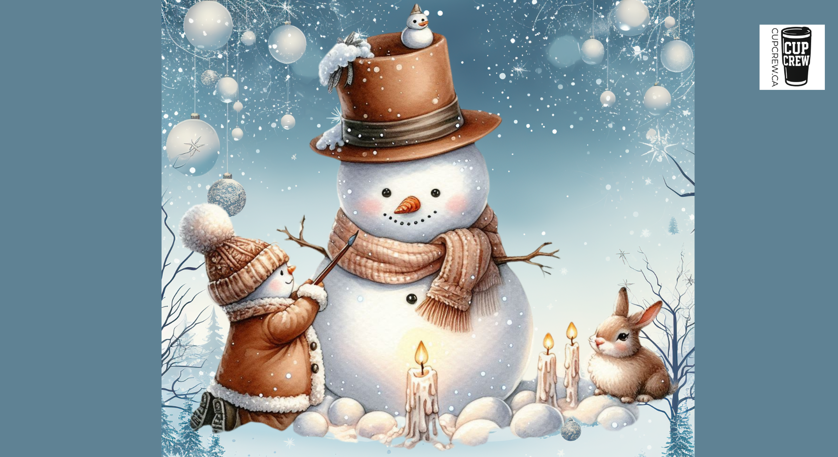 A snowman with a top hat and scarf, surrounded by a bunny, a cat, and a bird, with a snowy landscape and falling snowflakes in the background.