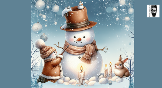 A snowman with a top hat and scarf, surrounded by a bunny, a cat, and a bird, with a snowy landscape and falling snowflakes in the background.