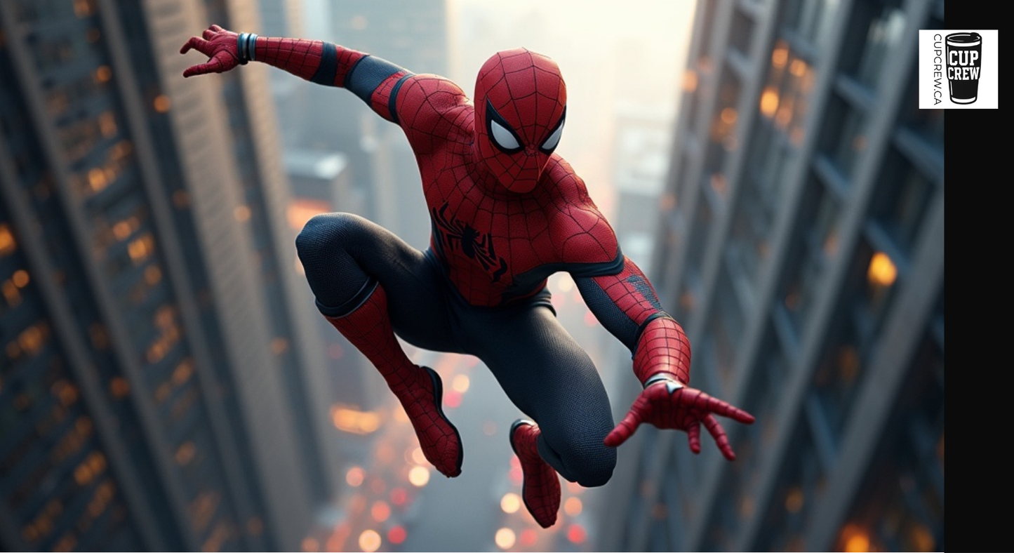 A close-up of a superhero character in a red and blue costume, flying through the air with a cityscape in the background.