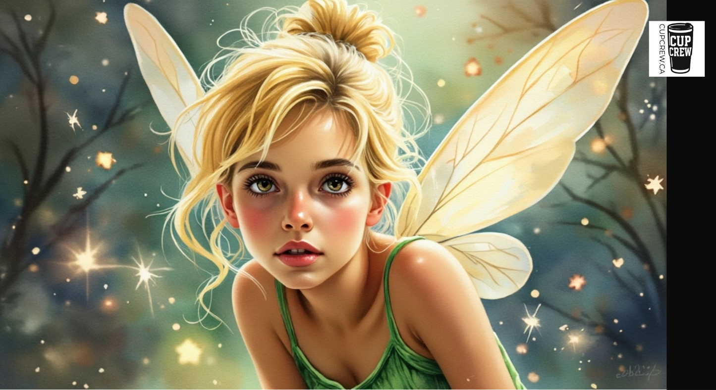 A close-up portrait of a young girl with blonde hair and fairy wings, set against a background of twinkling stars and a green dress.