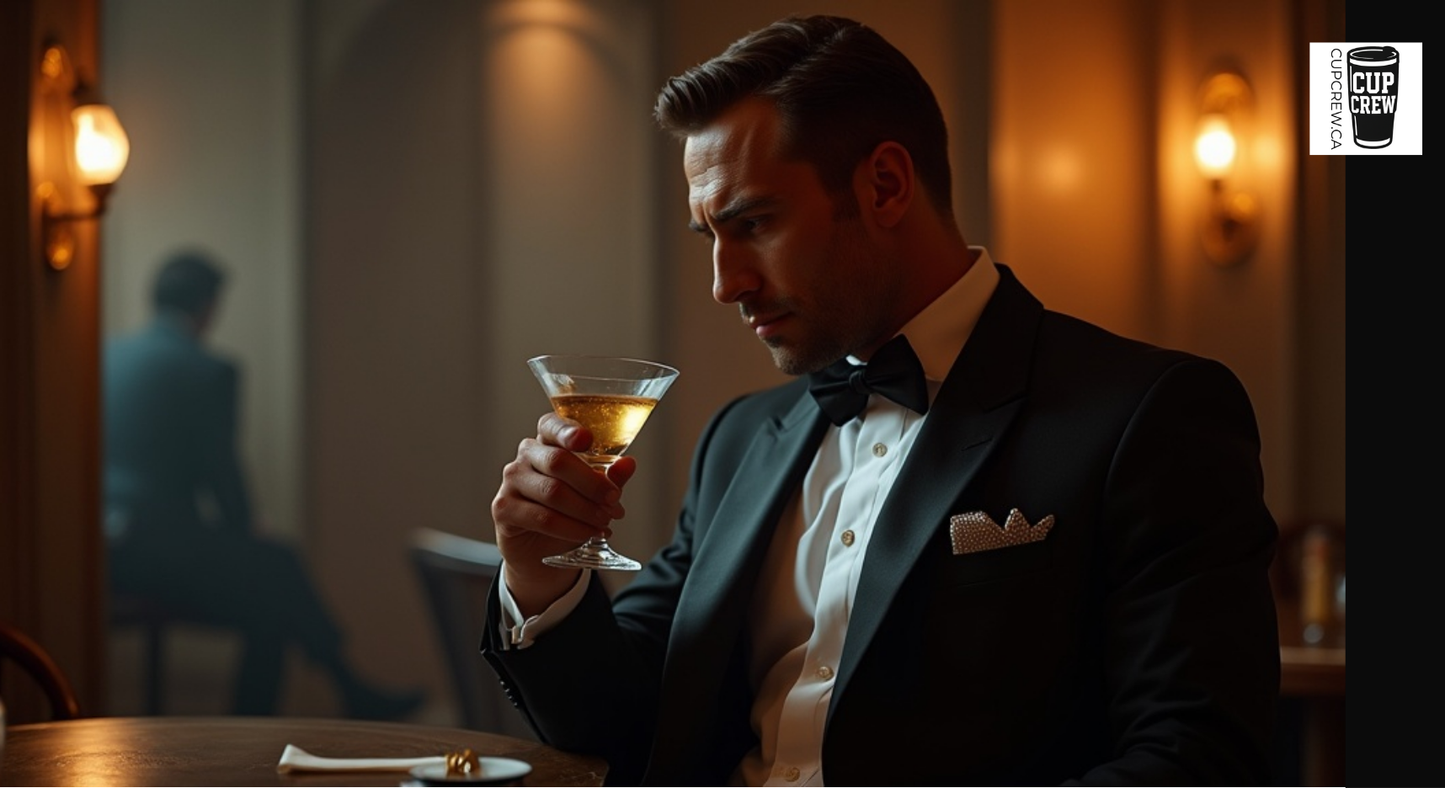 A man in a tuxedo is sitting at a table, holding a glass of wine and looking down.