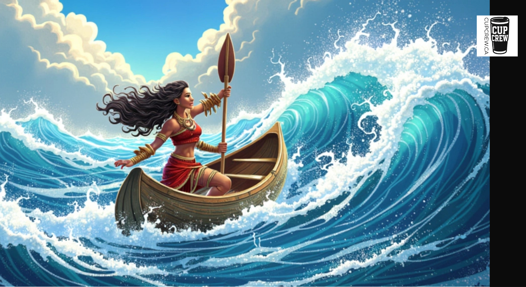 A woman in a red dress paddles a canoe through a large, crashing wave in a stormy sea.