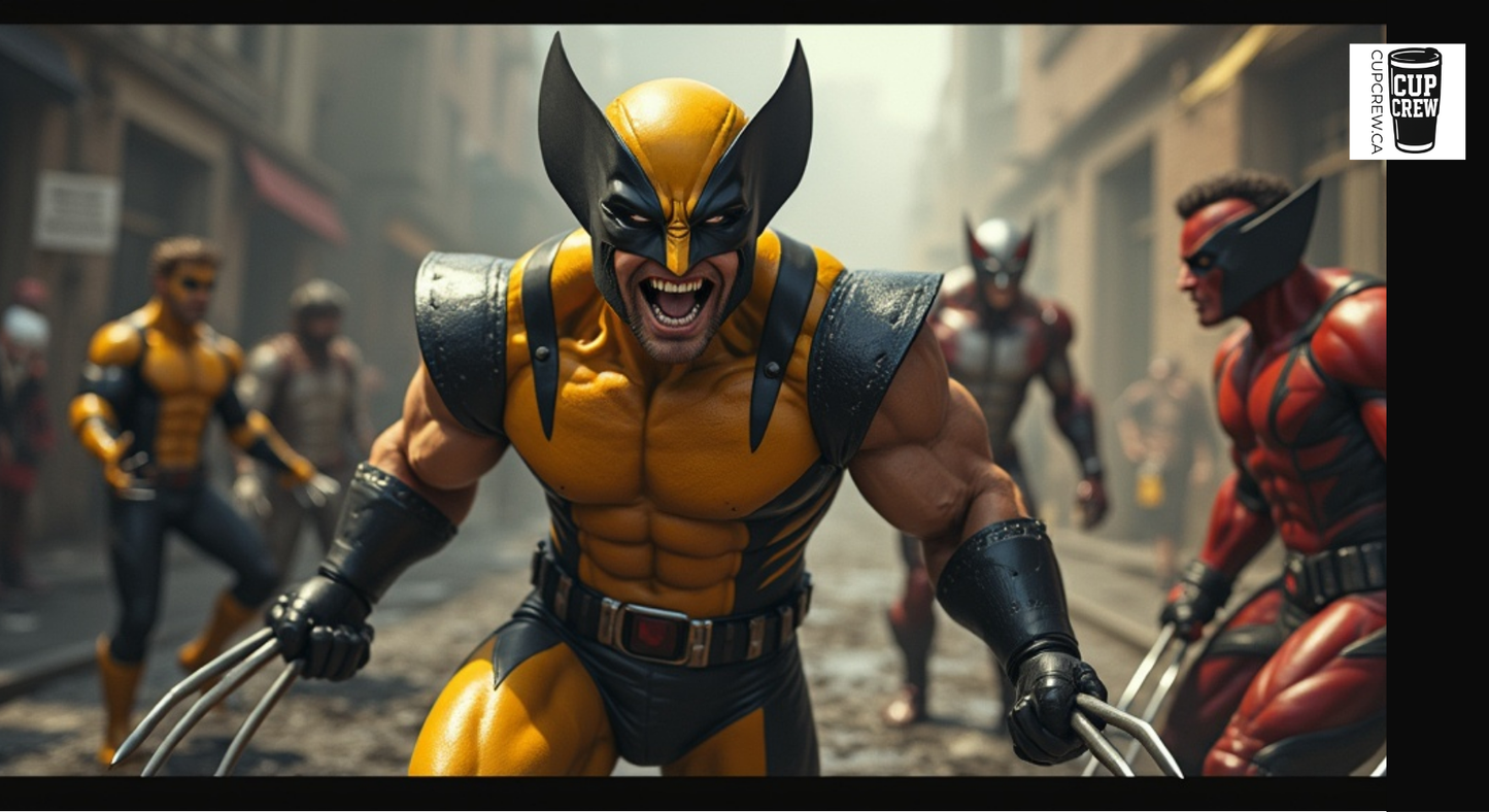 A close-up of a muscular superhero character in a yellow and black costume, with his mouth open and claws out, appearing to be in a fighting stance.